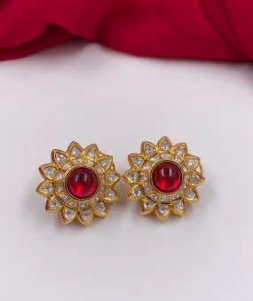 Designer Gold Plated Big Kundan Ruby Stud Earrings By Gehna Shop