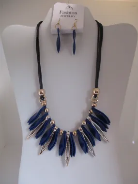 Black Cord Blue Gold Twist Bead, Acrylic Beads Necklace Earrings Set (NE461)