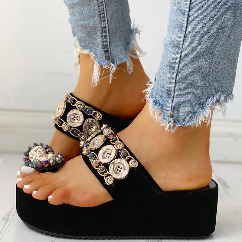 Crystal Button Wedges Platform Sandal