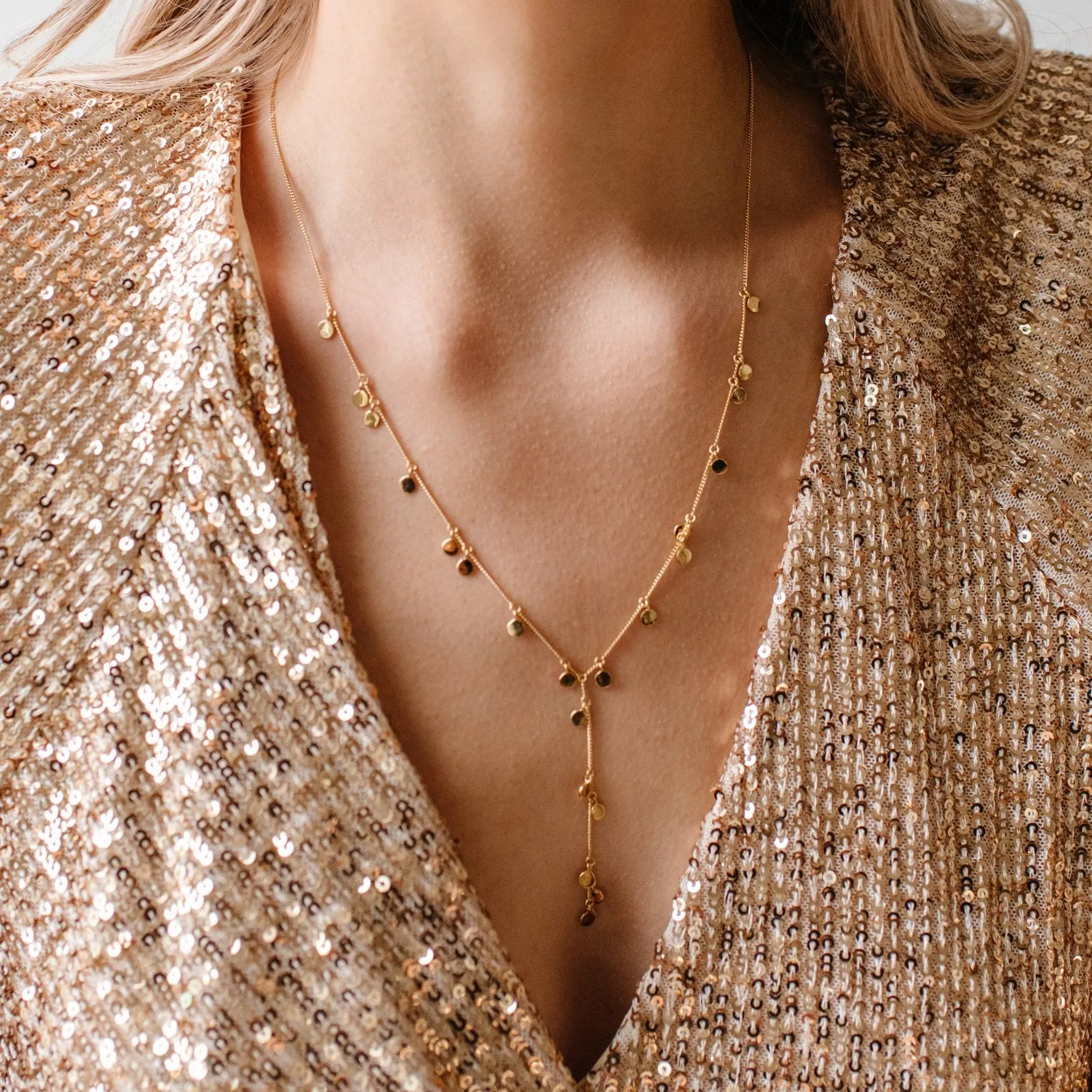 DAINTY POISE DISK Y NECKLACE - GOLD, ROSE GOLD OR SILVER