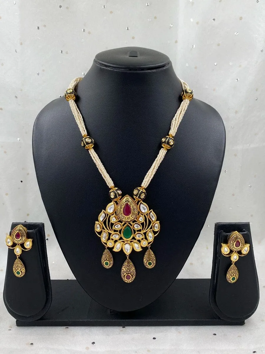 Designer Gold Plated Antique Kundan Pendant Necklace Set For Women By Gehna Shop