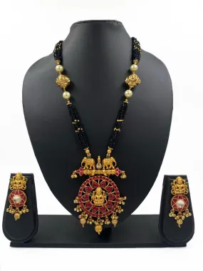 Designer Gold Plated Goddess Lakshmi Temple Necklace Set With Black Beads