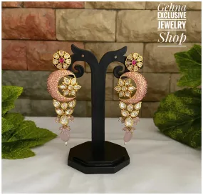 Designer Gold Plated Studded Kundan Pink Enamel Party Dangler Earrings