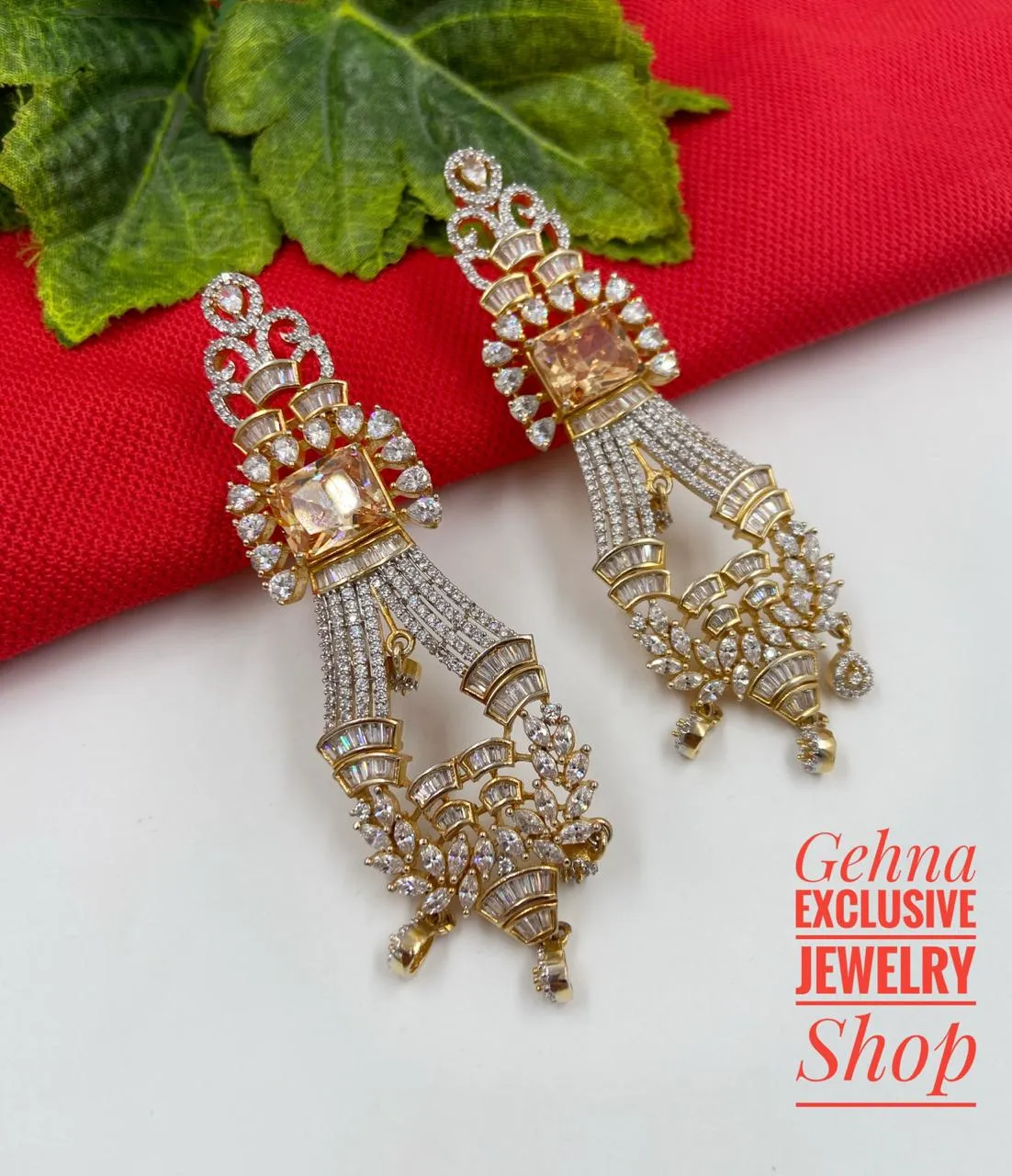 Designer Golden Zircon Long Danglers For Woman By Gehna Shop