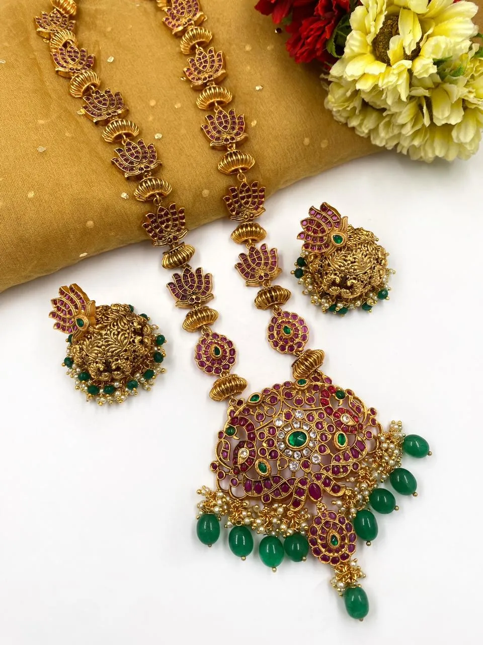 Gold Plated Kemp Stone Studded Long Peacock Design South Indian Necklace Set By Gehna Shop