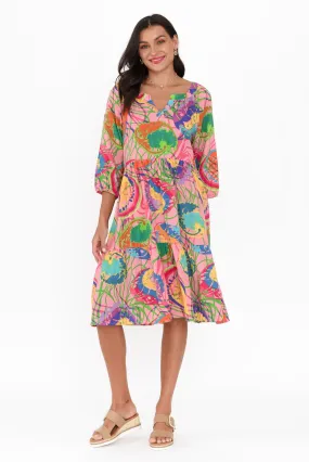 Irene Pink Tropical Cotton Blend Dress