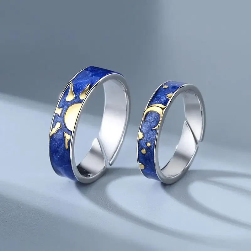 JWER Blue Drop Glaze Sun Moon Couple Rings