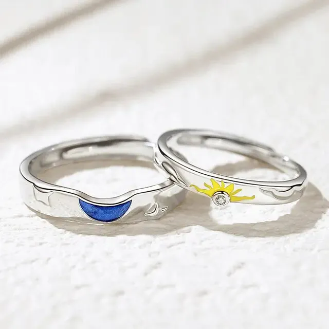 JWER Blue Drop Glaze Sun Moon Couple Rings