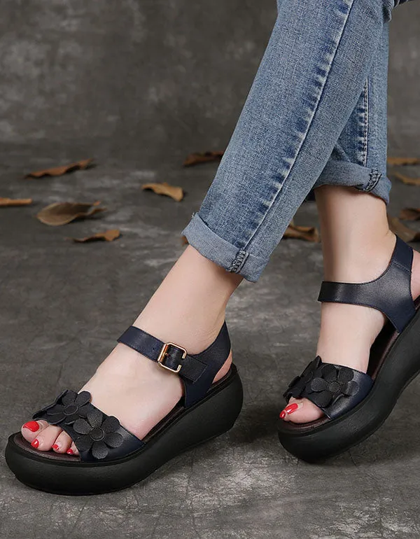 Leather Retro Flower Comfortable Wedge Sandals