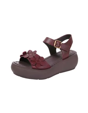 Leather Retro Flower Comfortable Wedge Sandals