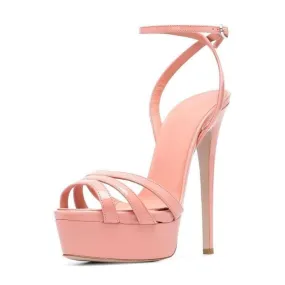 Pink Platform Sandals with Ankle Buckle and Slim Heels