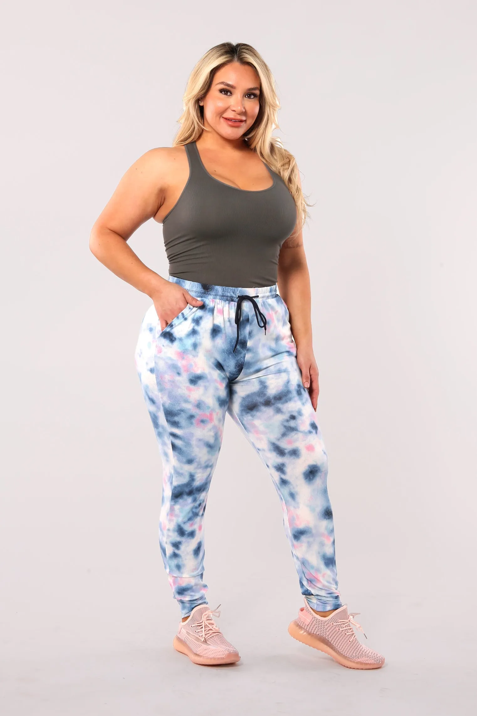 Plus Size Soft Brushed Joggers With Shoe Lace Tie - Blue, Pink Tie Dye