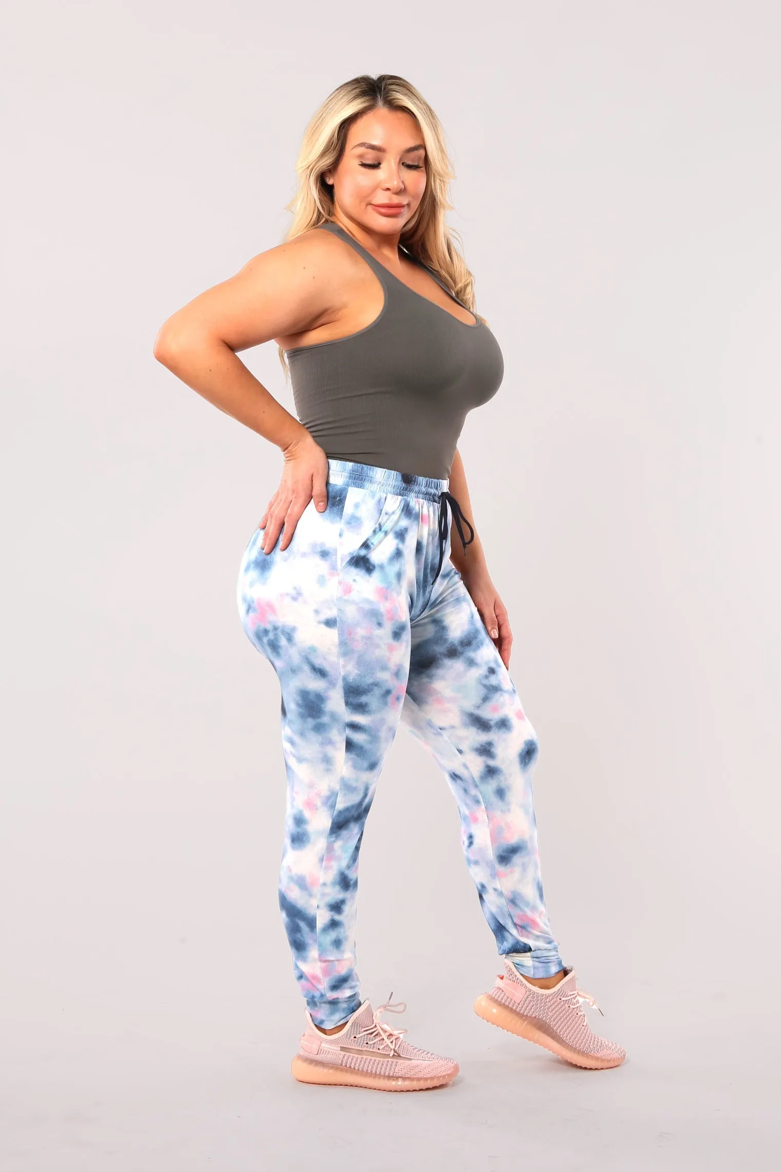 Plus Size Soft Brushed Joggers With Shoe Lace Tie - Blue, Pink Tie Dye