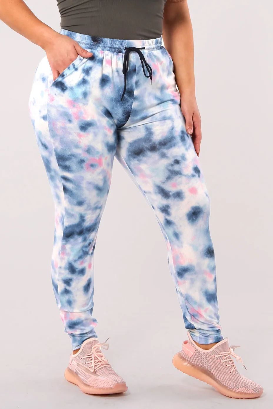 Plus Size Soft Brushed Joggers With Shoe Lace Tie - Blue, Pink Tie Dye