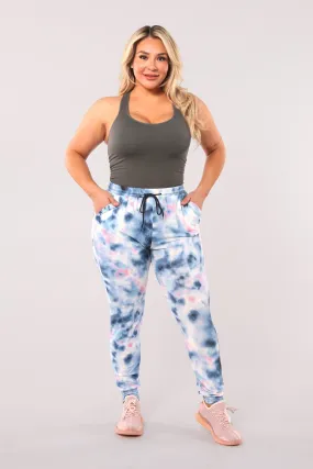 Plus Size Soft Brushed Joggers With Shoe Lace Tie - Blue, Pink Tie Dye