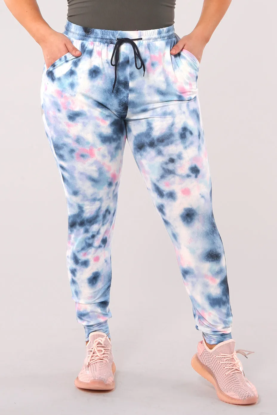 Plus Size Soft Brushed Joggers With Shoe Lace Tie - Blue, Pink Tie Dye