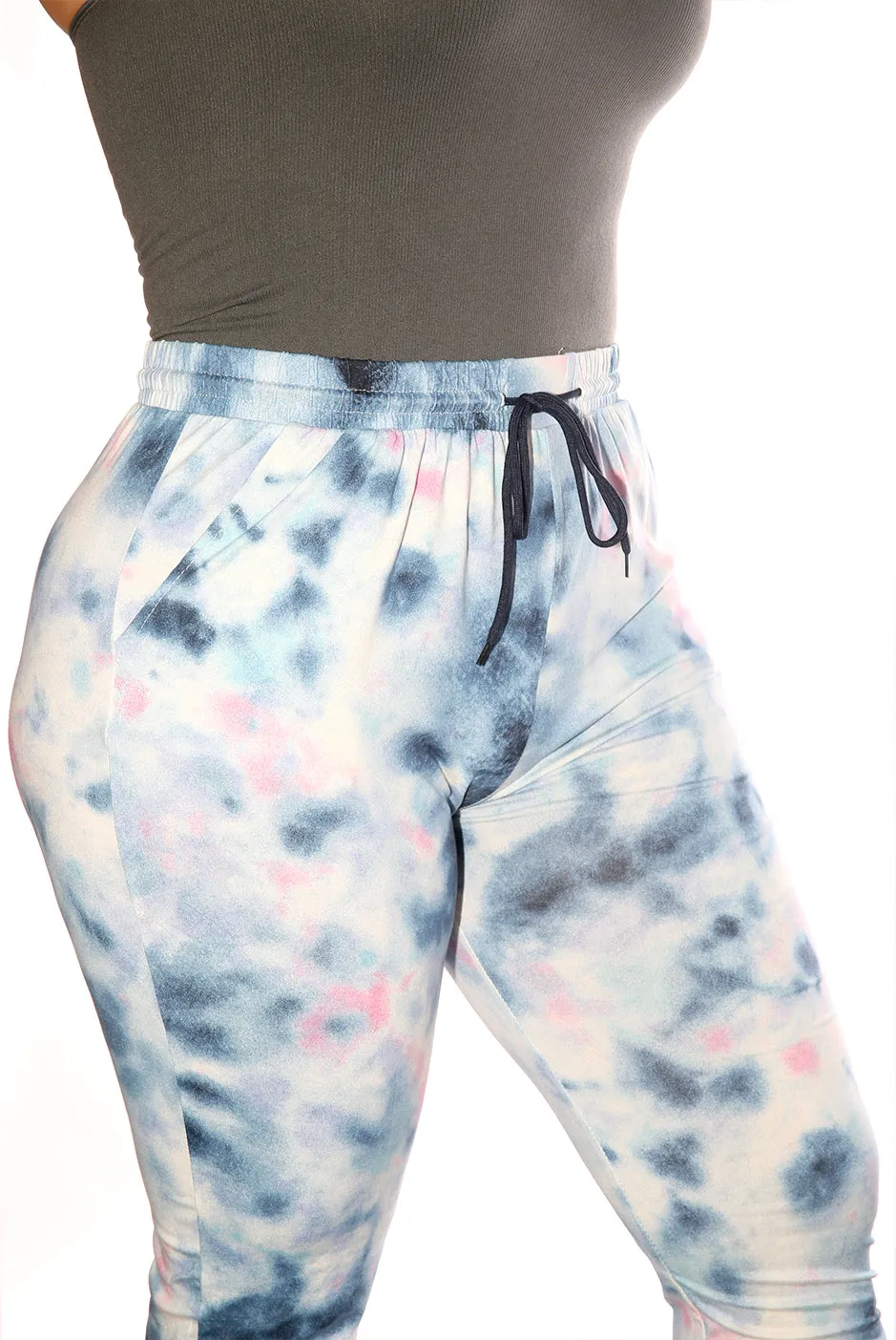 Plus Size Soft Brushed Joggers With Shoe Lace Tie - Blue, Pink Tie Dye