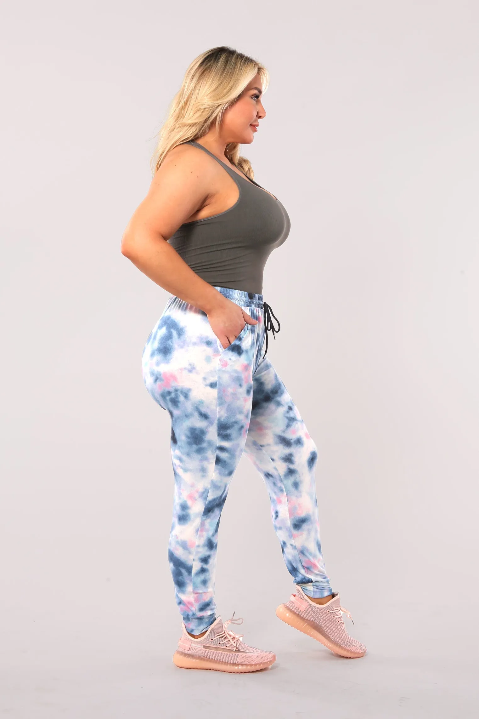 Plus Size Soft Brushed Joggers With Shoe Lace Tie - Blue, Pink Tie Dye