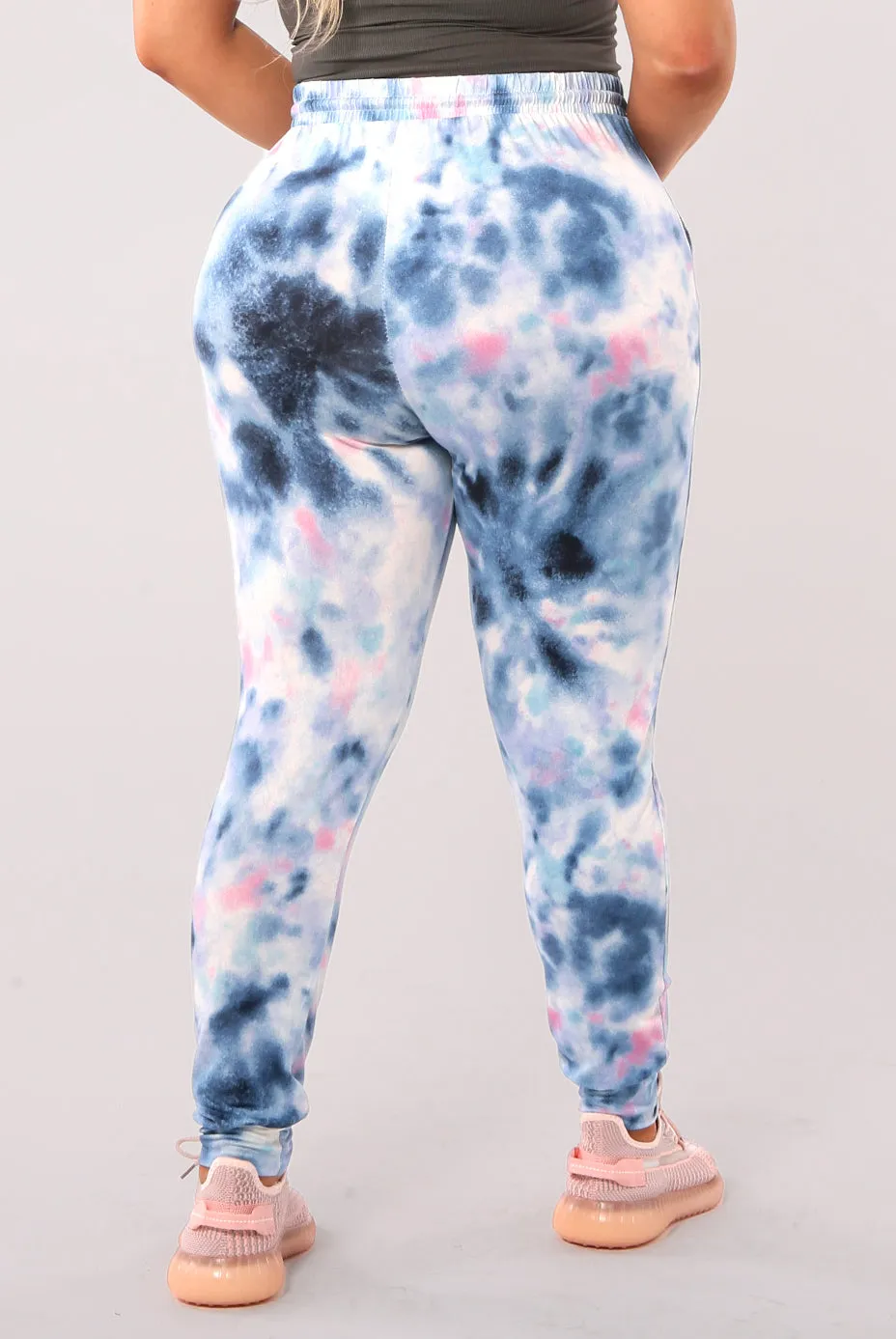 Plus Size Soft Brushed Joggers With Shoe Lace Tie - Blue, Pink Tie Dye