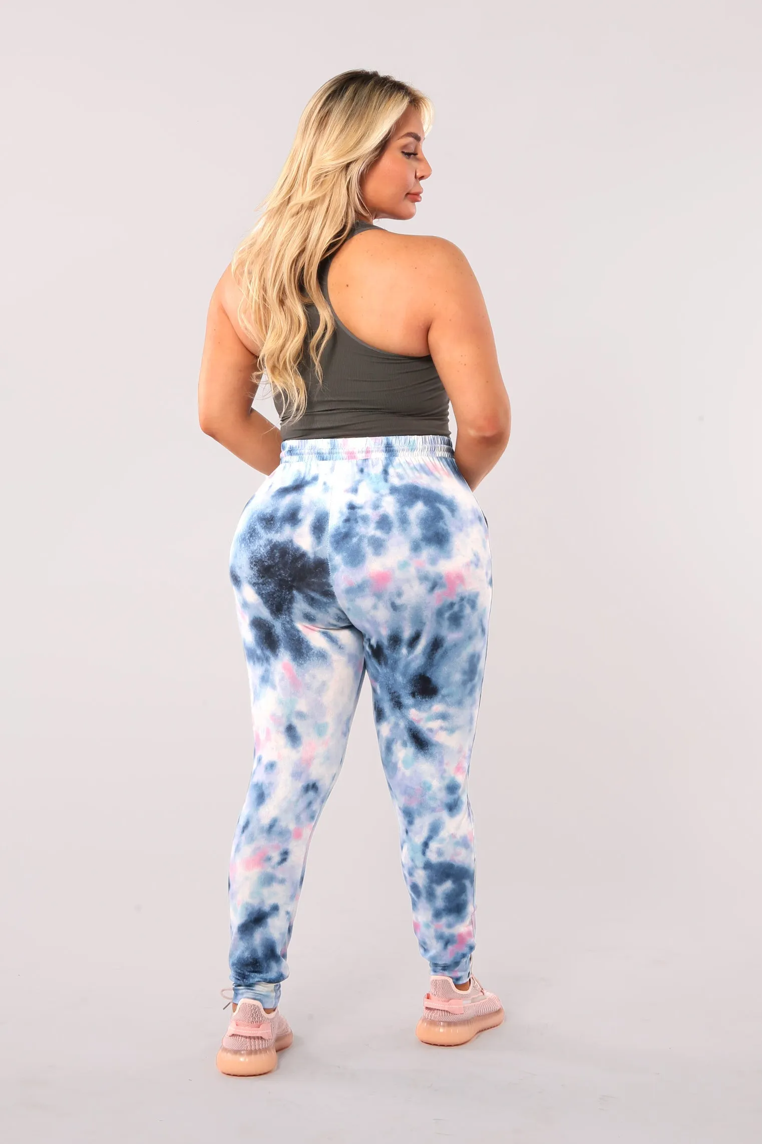 Plus Size Soft Brushed Joggers With Shoe Lace Tie - Blue, Pink Tie Dye