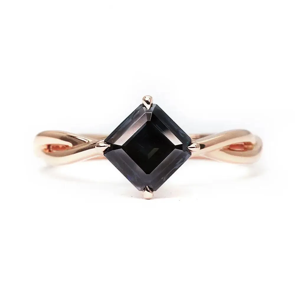 Ready Made | Bertha 1 Carat Asscher Dark Grey Blue Moissanite Ring in 18K Rose Gold