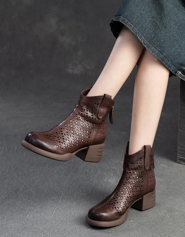 Retro Leather Hollow CHunky Heel Boots for Women