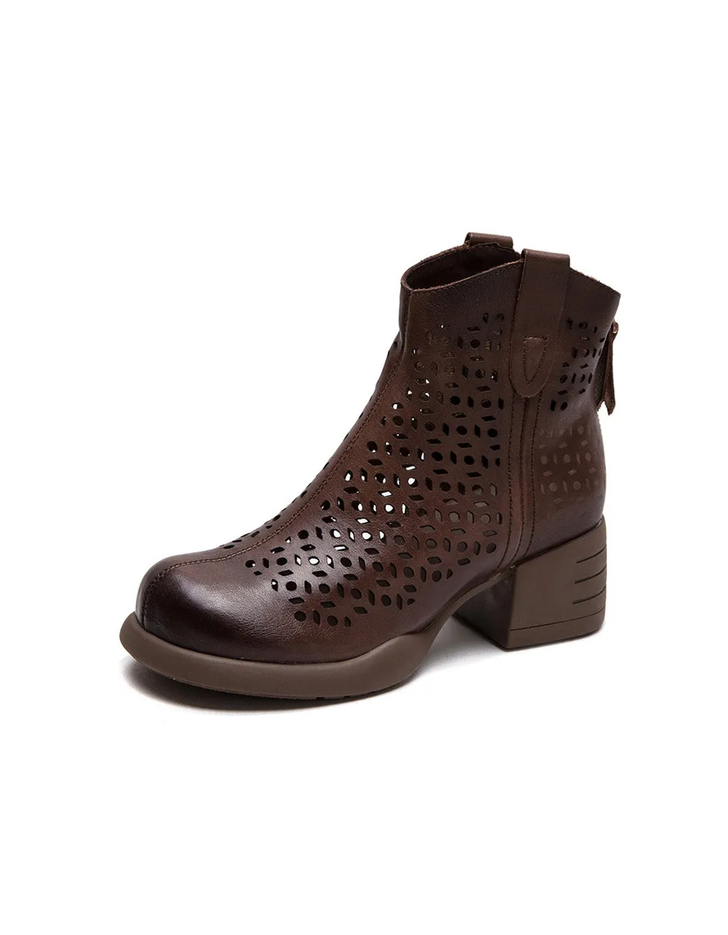 Retro Leather Hollow CHunky Heel Boots for Women