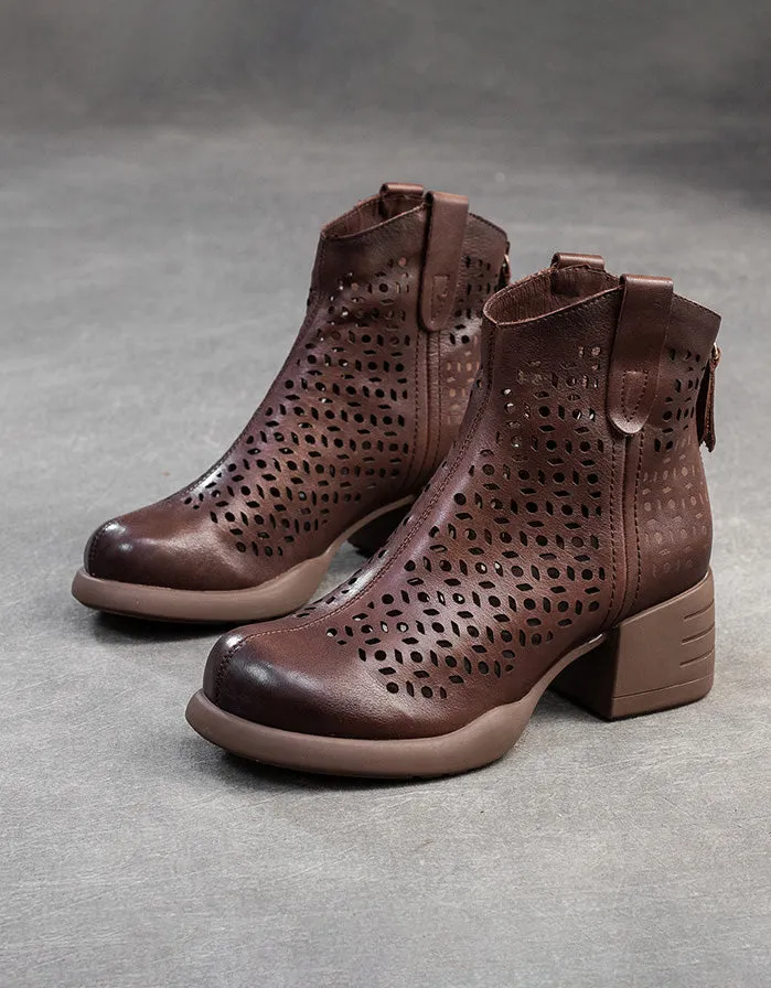 Retro Leather Hollow CHunky Heel Boots for Women