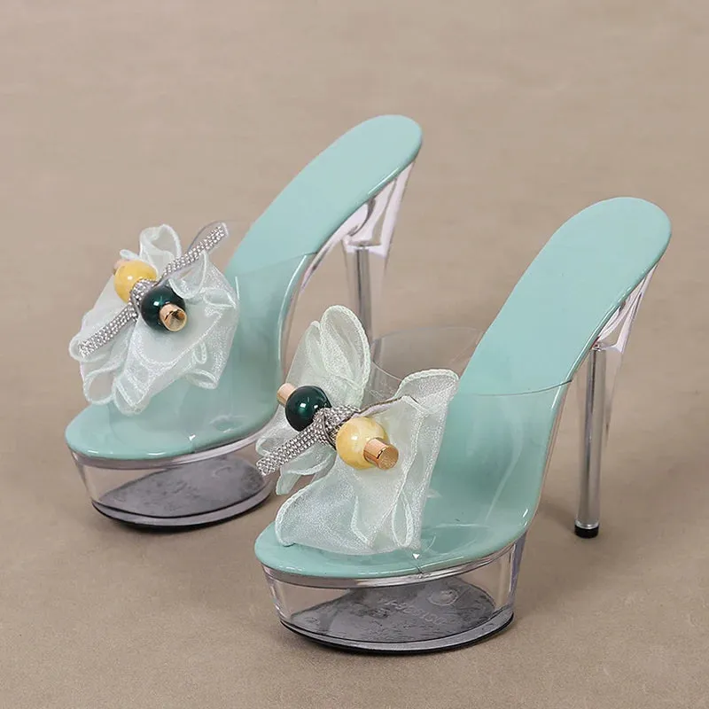 Size 35-43 Transparent Platform Slipper Mesh Bowknot High Heel