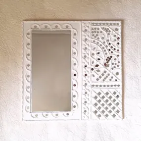 White Handcrafted Mud Art Wall Decor Mirror